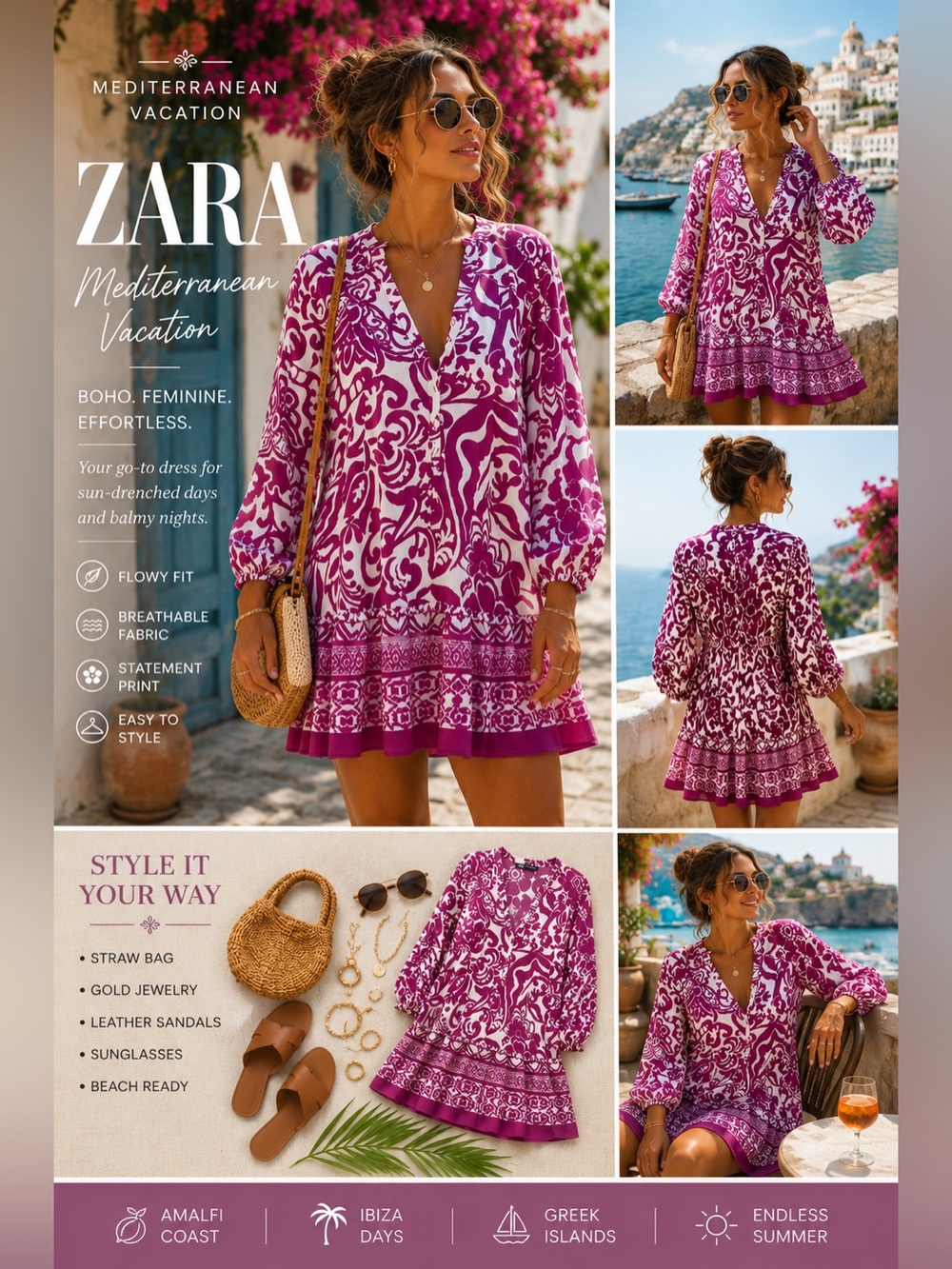 Zara Boho Luxe Mini Dress Women’s S Purple White Mediterranean Vacation Resort
